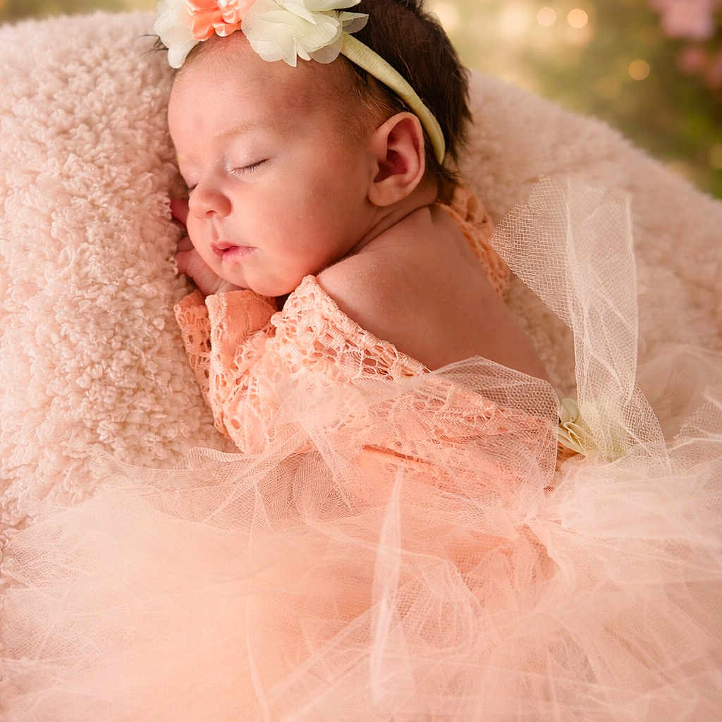 Charly a rejoint le concours — aidez-le/la à gagner de superbes lots ! baby, sleeping, infant, headband, flower, lace, tulle, dress, blanket, soft, portrait, peaceful, cute, child, newborn, pink, resting, closeup, indoor, decorative