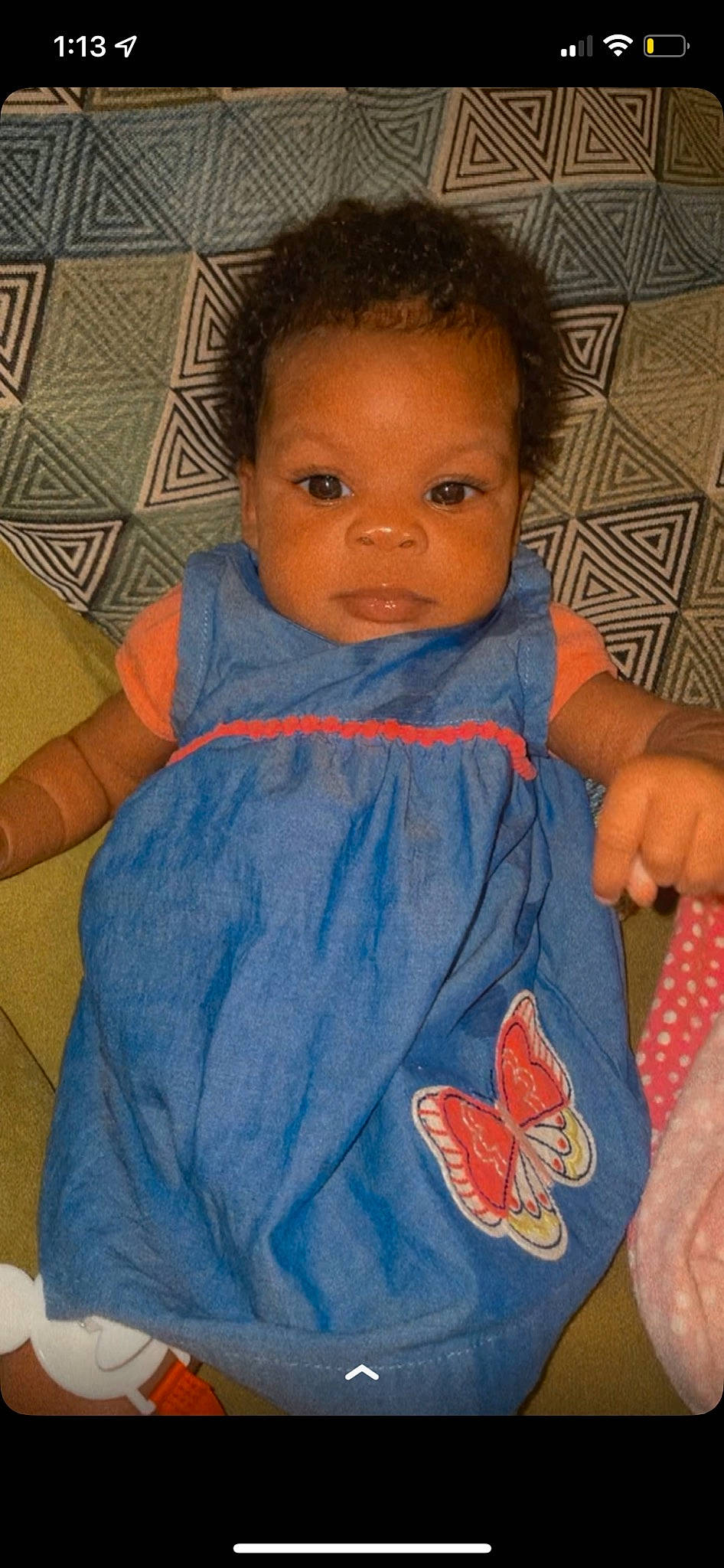 Kelcee is registered to the contest to win money with this photo: arthropod, azure, baby_toddler_clothing, butterfly, cheek, child, dress, eye, finger, hair, happy, head, insect, nose, orange, person, pink, pollinator, skin, sleeve