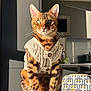 bengal_cat, cat, knitted_vest, sitting, green_eyes, sunlight, table, handbag, patterned_bag, modern_kitchen, buttoned_vest, indoor, pet, feline, striped_fur, spot_pattern, whiskers, ears, portrait, domestic_animal