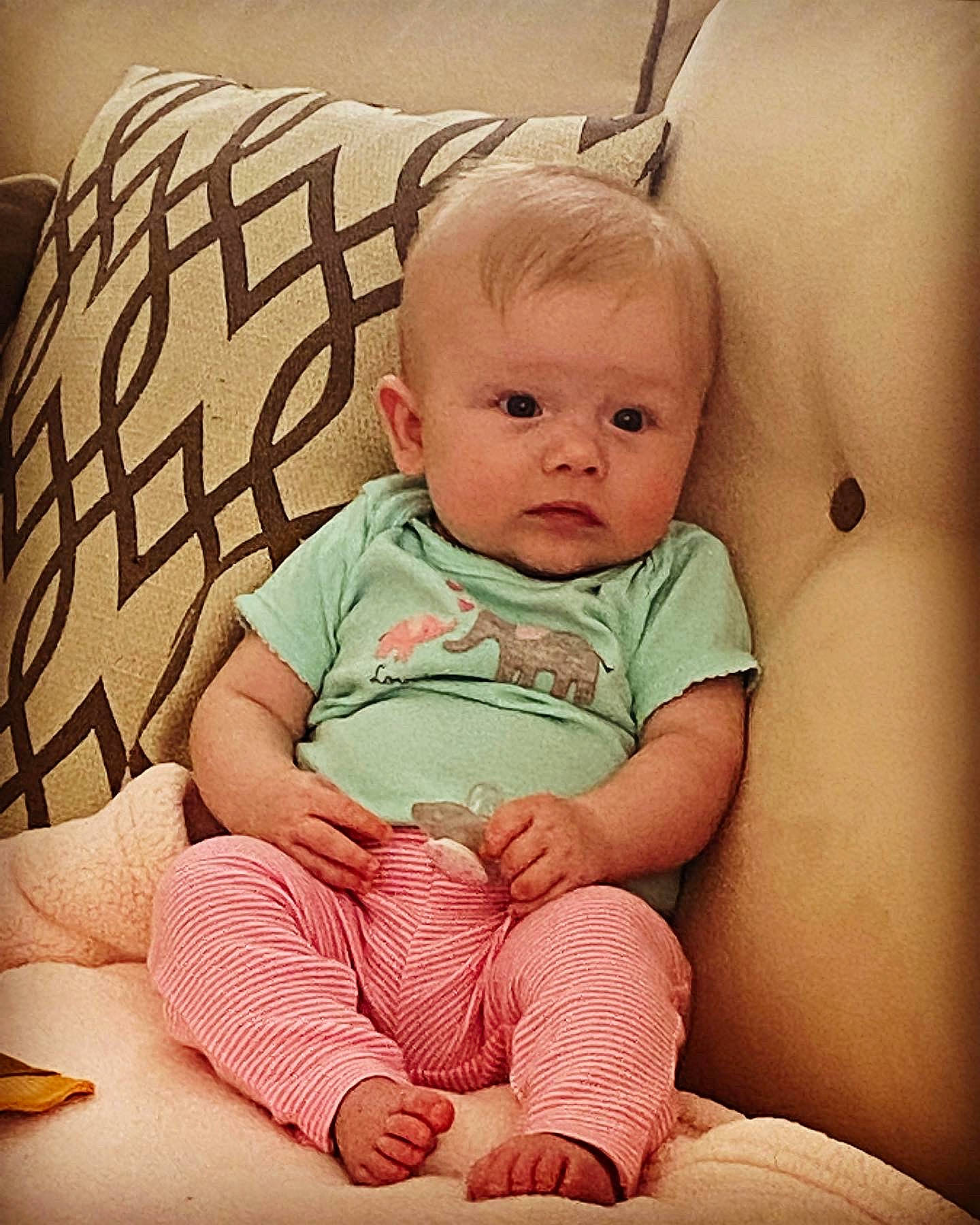 Bella joined the competition — help win amazing prizes! baby, baby_toddler_clothing, cheek, comfort, eye, facial_expression, flash_photography, hairstyle, happy, head, human_body, iris, lip, mouth, person, pink, skin, sleeve, stomach, toddler