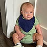 baby, child, infant, sitting, onesie, bib, sneakers, floor, wooden_floor, wall, indoors, cute, smile, face, head, footwear, person, young, casual_clothing, happy