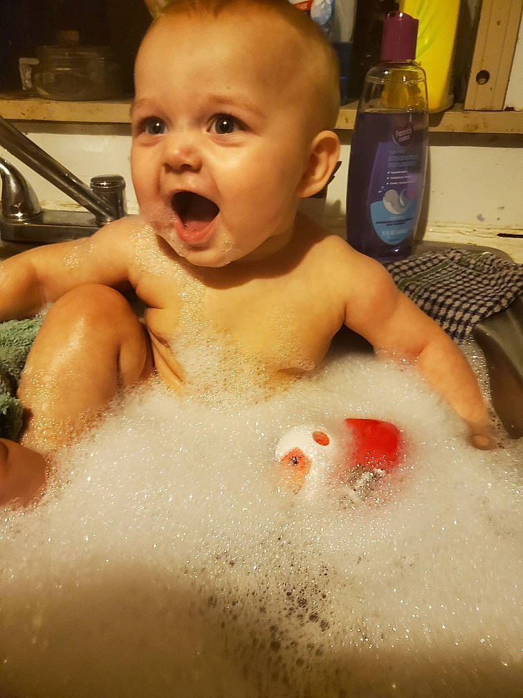 Waylon Cash joined the competition — help win amazing prizes! baby, baby_bathing, baby_making_funny_faces, bathing, bathtub, cheek, child, face, facial_expression, foam, fun, head, mouth, muscle, nose, person, smile, toddler, washing