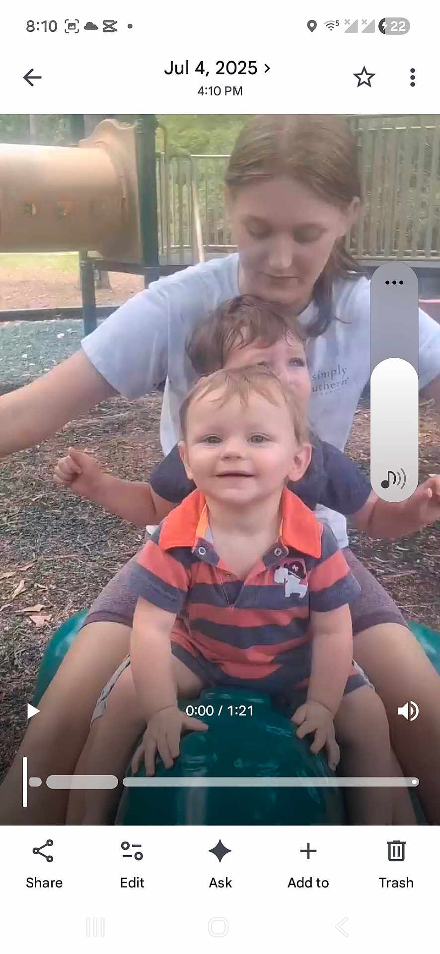 Hudson joined the competition — help win amazing prizes! toddler, child, sibling, playground, slide, park, play_equipment, smile, happy, portrait, sitting, video_screenshot, phone_ui, timestamp, outdoor, clothing, striped_shirt, hands, person, hair