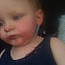 child, toddler, messy_face, food, jelly, pink, sleeveless_shirt, navy_shirt, face, cheeks, eyes, nose, mouth, drool, chin, ear, hair, skin, closeup, car_interior