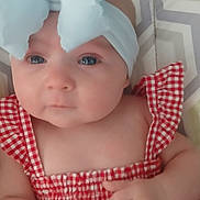 Dixie is registered to the contest to win money with this photo: adorable, baby, baby_girl, bow, child, closeup, clothing, cute, eyes, face, hand, headband, indoors, infant, patterned_background, portrait, red_checkered_dress, skin, soft_light, young