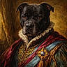 Tyson a rejoint le concours — aidez-le/la à gagner de superbes lots ! dog, portrait, royalty, costume, black_dog, ruffled_collar, medallion, regal, classical_style, painting_style, warm_lighting, texture, window, curtains, fabric, decorative, elegant, historical, indoor, closeup