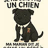 cartoon, dog, black_dog, tie, teddy_bear_patch, sitting, illustration, cute, animal, pet, french_text, humor, paw_prints, white_background, character, clothing, cute_animal, drawing, animal_cartoon, text_overlay