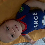 Jad participe au concours pour gagner de l'argent avec cette photo : baby, infant, blue_outfit, soccer_ball, blanket, yellow_blanket, lying_down, face, eyes, skin, person, child, cute, indoor, soft_light, clothing, head, expression, young_child, portrait