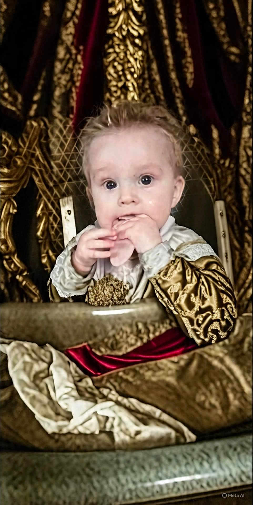Cody is registered to the contest to win money with this photo: baby, child, infant, royal_clothing, gold, red_velvet, high_chair, ornate, patterned_fabric, curious, hands, face, portrait, indoor, luxury, decor, seated, young, expression, costume