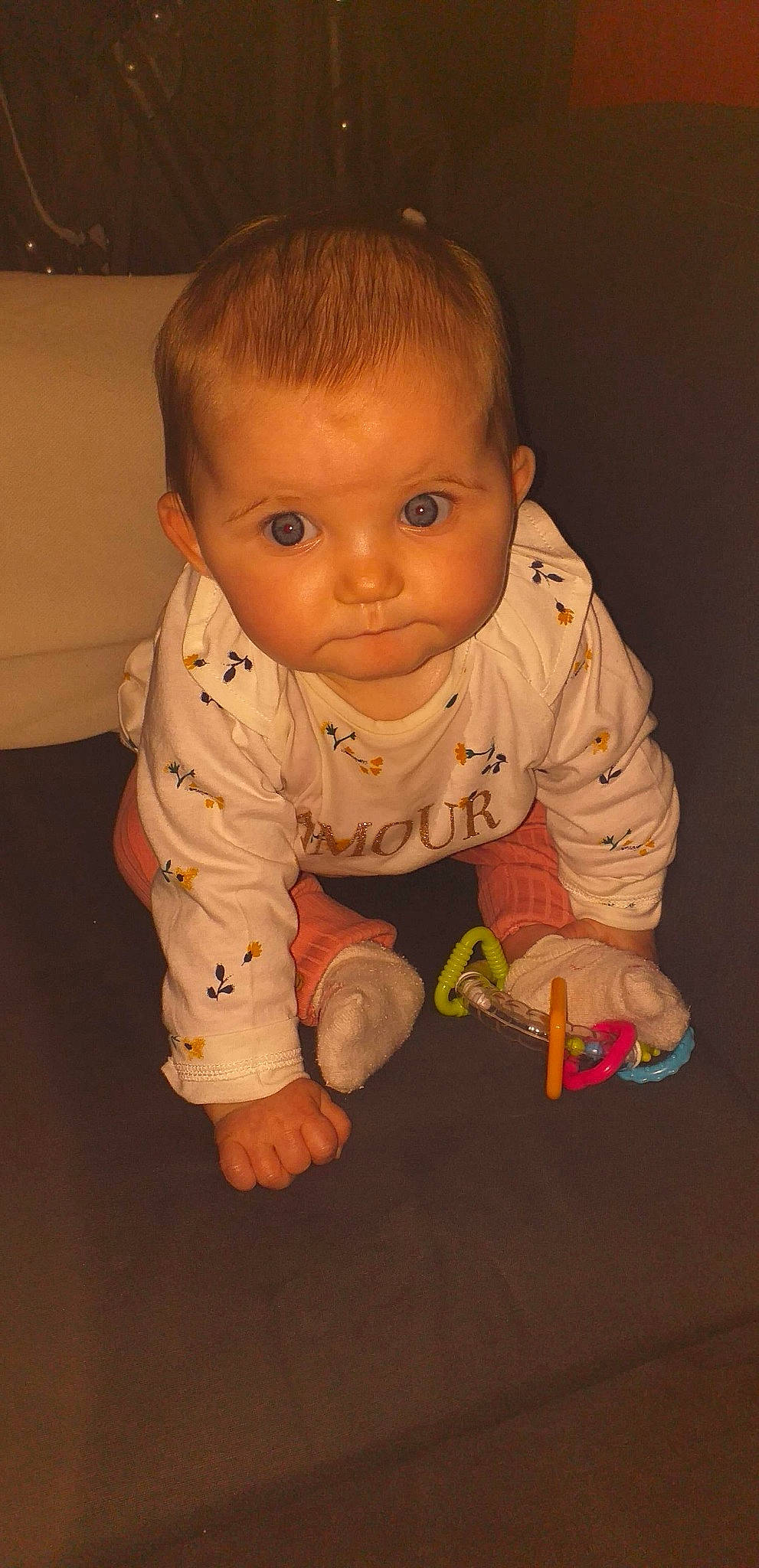 Liliana participe au concours pour gagner de l'argent avec cette photo : baby, cheek, child, crawling, eye, face, finger, head, iris, lip, nose, person, play, sitting, skin, smile, toddler, toy