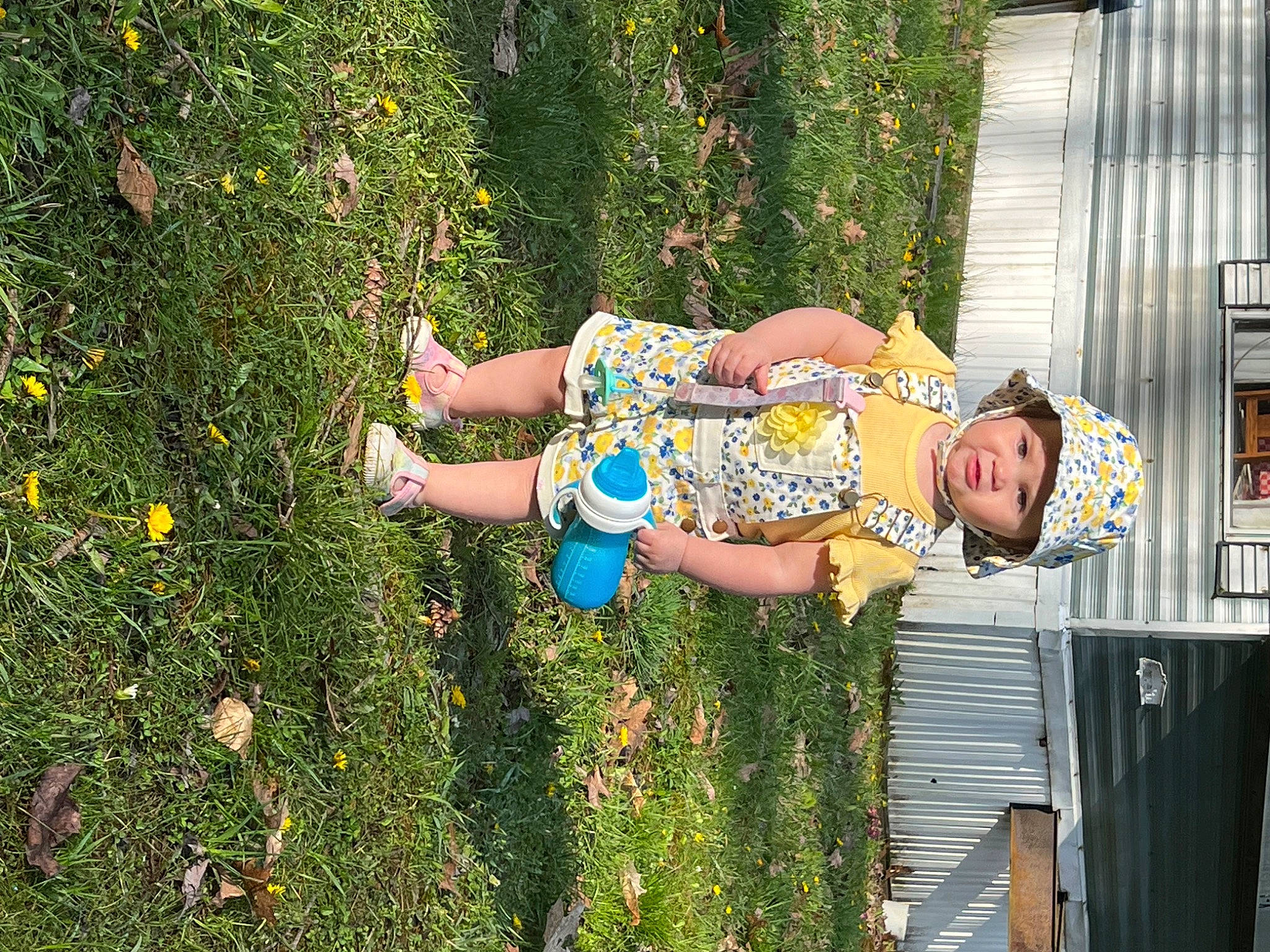 Ellah joined the competition — help win amazing prizes! baby_toddler_clothing, backyard, child, fun, garden, grass, happy, hat, headwear, human_leg, leisure, people_in_nature, person, plant, shrub, smile, toddler, tree, vacation, yard