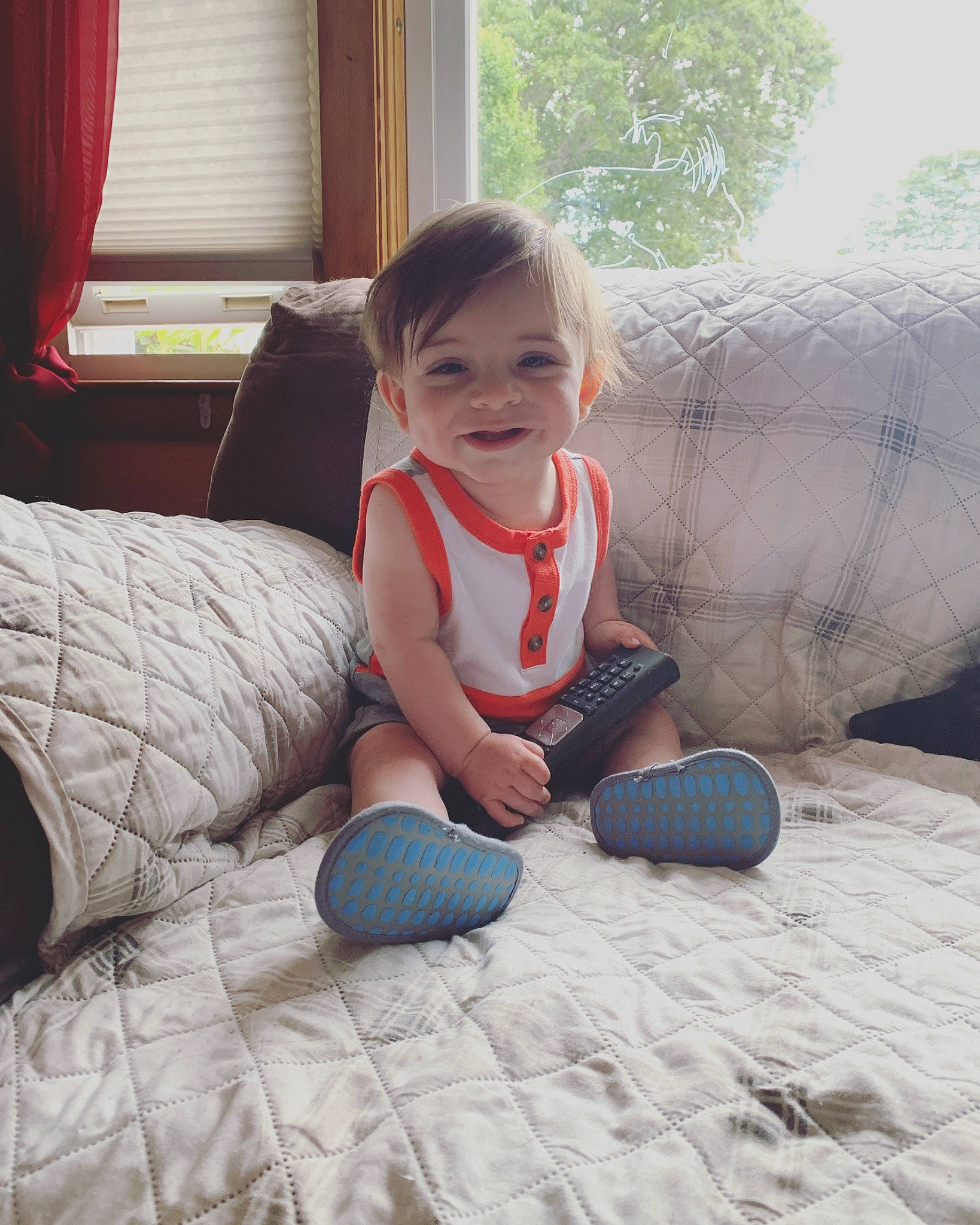 Dalton joined the competition — help win amazing prizes! baby, child, electronic_device, joy, leg, person, play, sitting, skin, smile, snapshot, technology, toddler, vacation