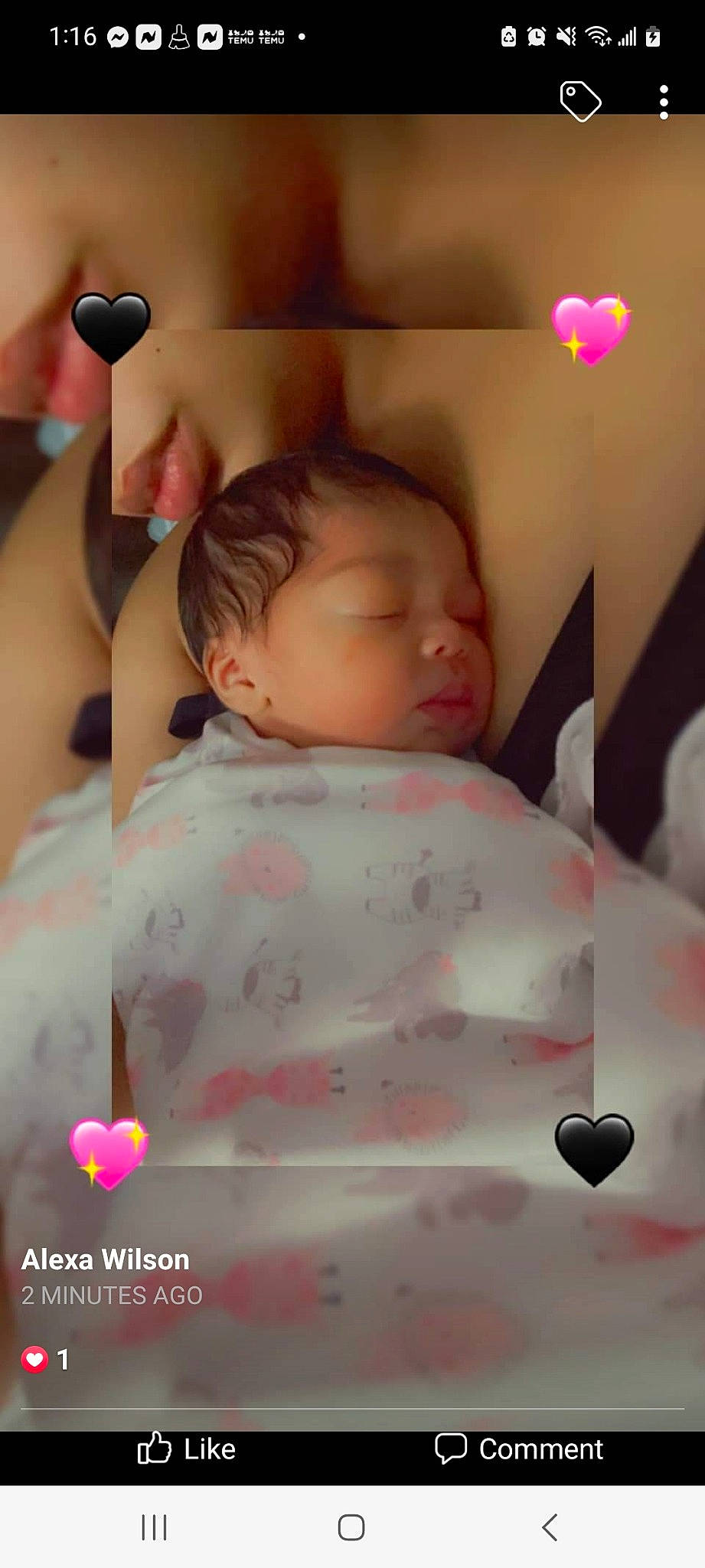 Zaylee joined the competition — help win amazing prizes! baby, baby_sleeping, baby_toddler_clothing, cheek, child, comfort, communication_device, eyelash, finger, linens, lip, mobile_phone, mouth, nose, pattern, person, pink, room, skin, textile