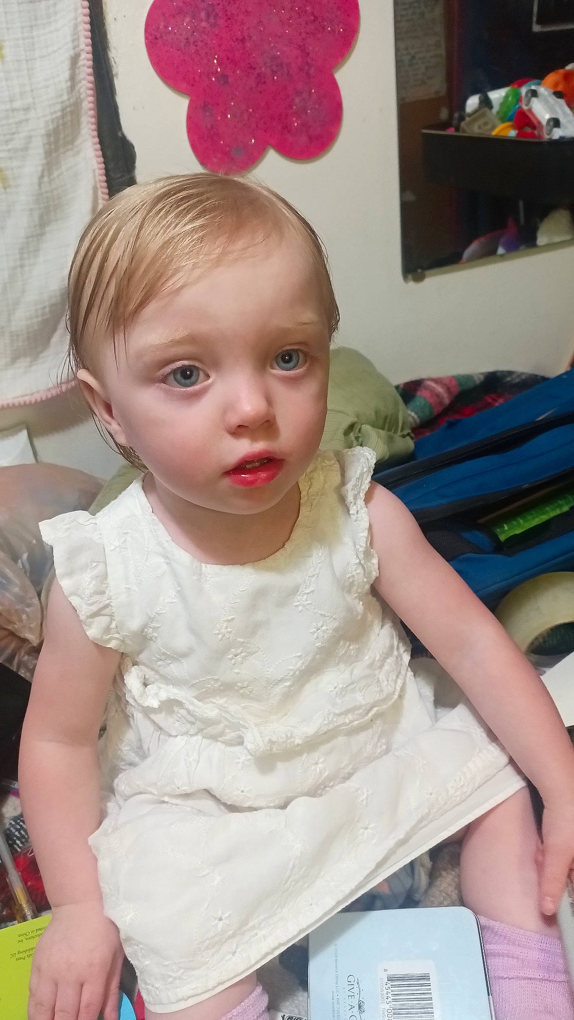 Harlow joined the competition — help win amazing prizes! baby, baby_toddler_clothing, blond, chair, cheek, child, chin, eye, eyelash, fun, happy, head, iris, lip, mouth, neck, person, room, sitting, skin