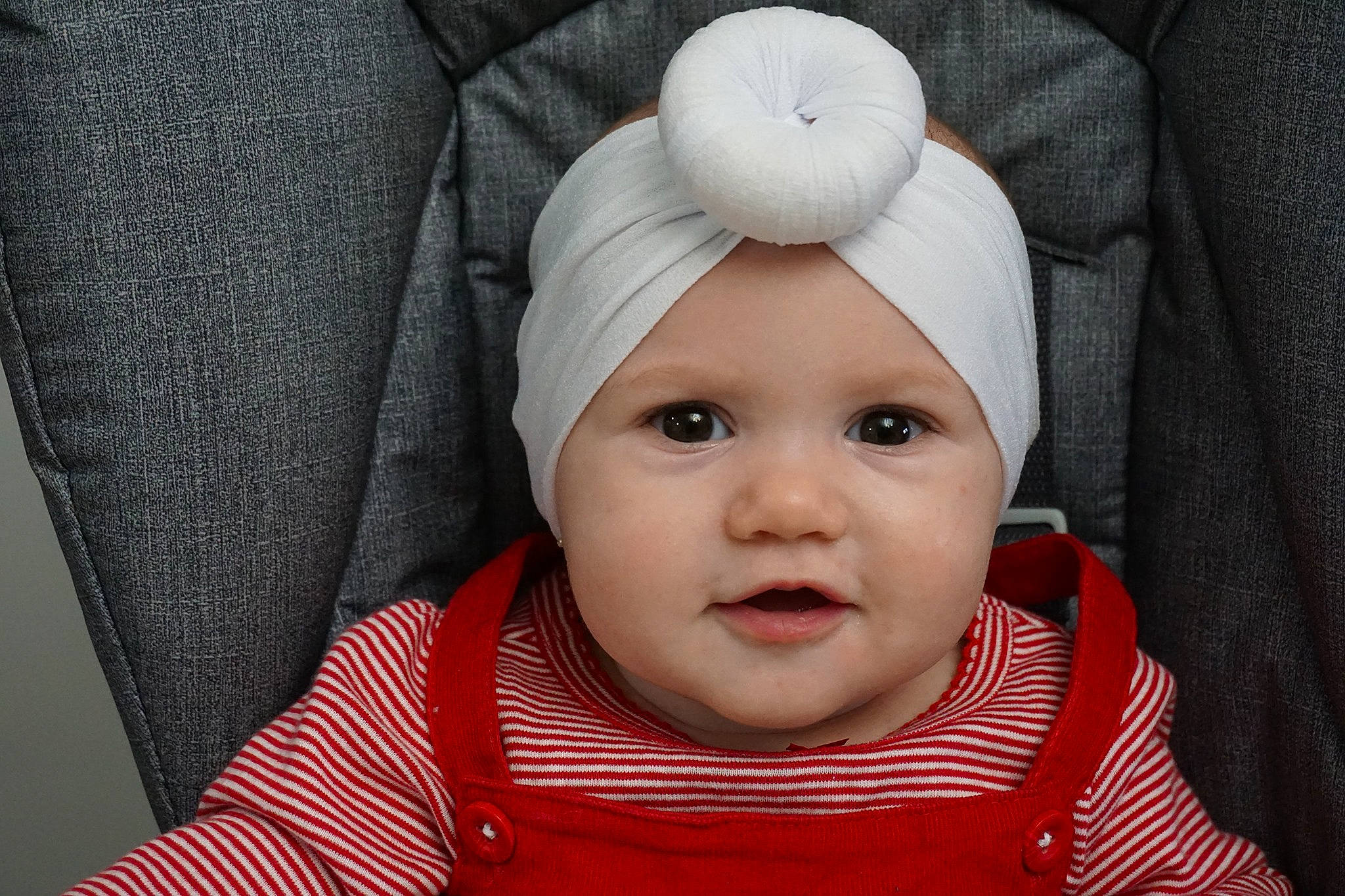 Everleigh is registered to the contest to win money with this photo: baby, bonnet, cap, cheek, child, ear, face, head, headgear, knit_cap, lip, person, skin, smile, toddler