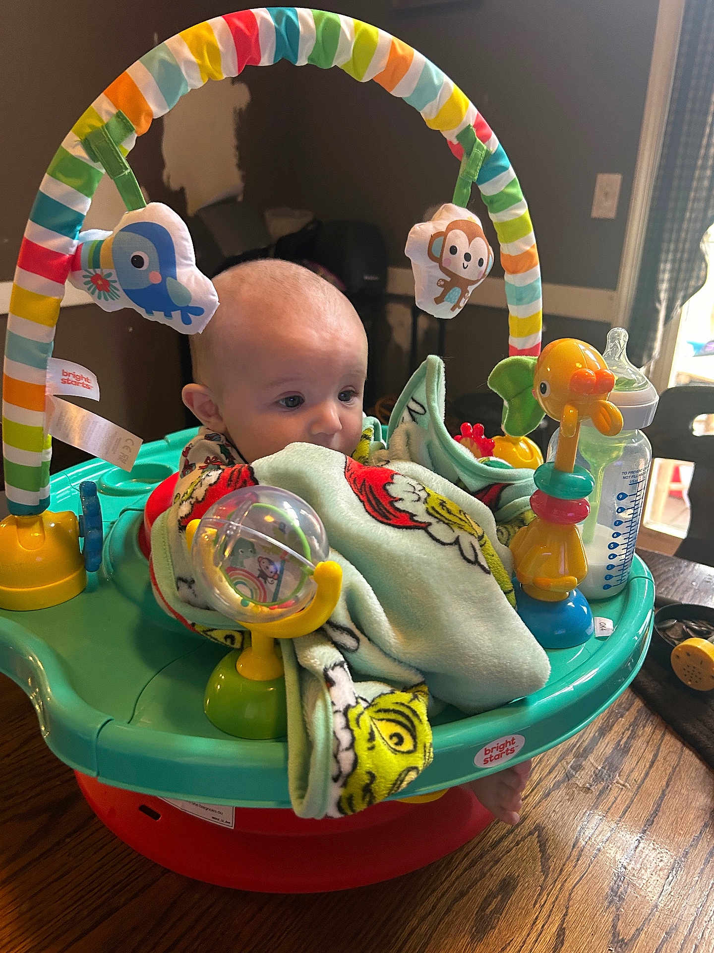 Laven joined the competition — help win amazing prizes! baby, blanket, activity_center, toy, bottle, table, indoor, child, infant, colorful, monkey_toy, bird_toy, green_blanket, wooden_table, playtime, cute, childcare, early_learning, home_interior, bright_starts