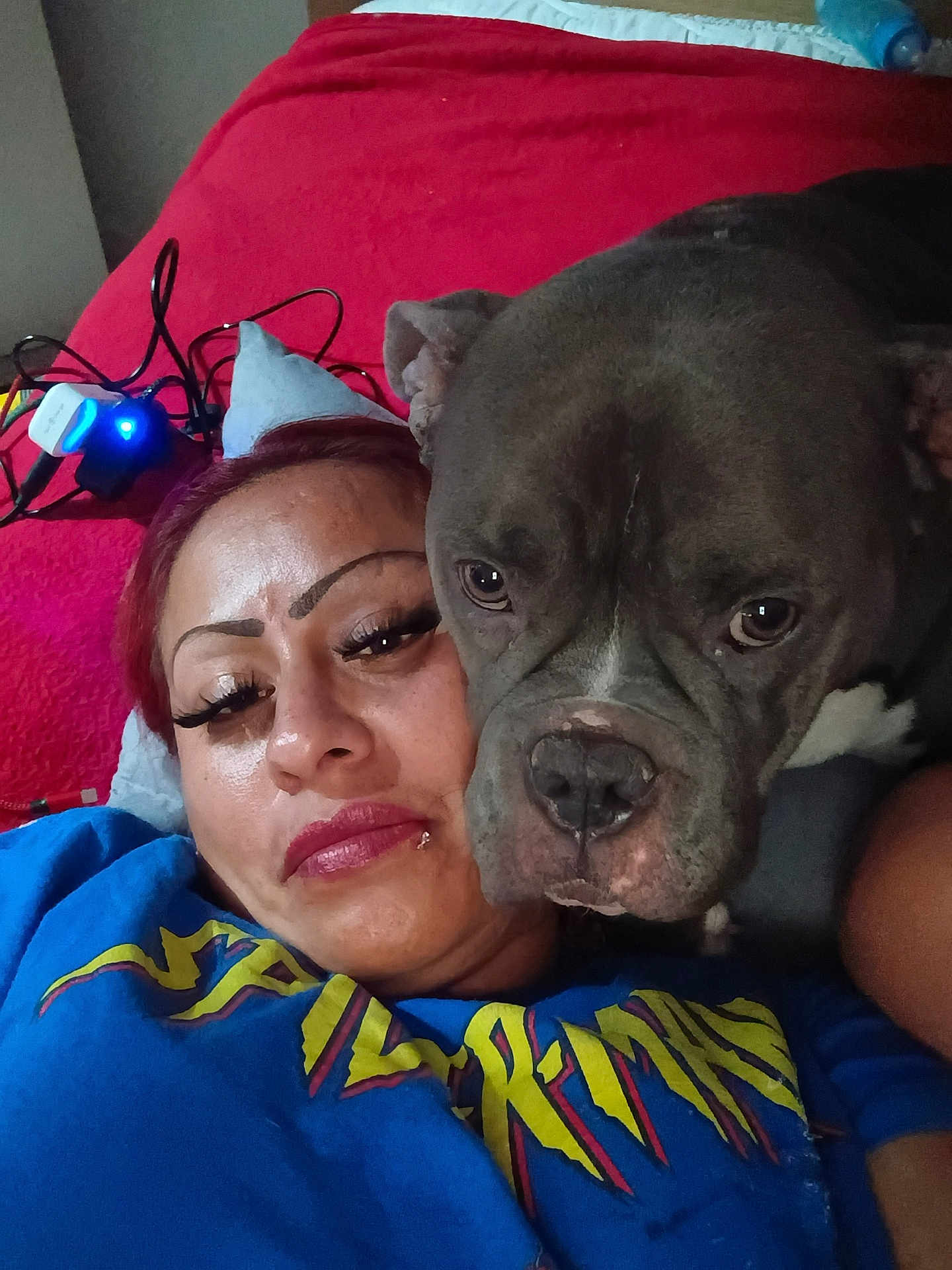 Daimond is registered to the contest to win money with this photo: person, dog, pit_bull, selfie, bed, red_blanket, pillow, face, eyes, muzzle, lipstick, eyelashes, lip_piercing, t_shirt, indoor, close_up, pet, companion, chargers, wires
