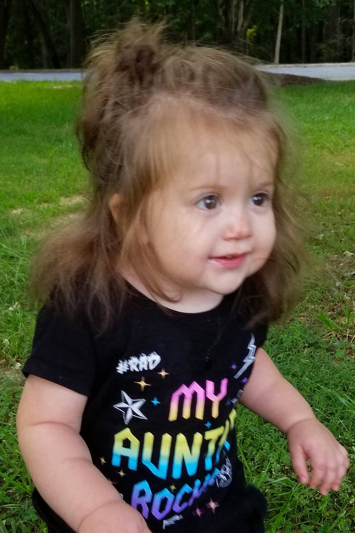 Haley joined the competition — help win amazing prizes! blond, brown_hair, child, face, fun, grass, hair, hairstyle, happy, head, iris, person, plant, play, smile, summer, t_shirt, toddler, tooth