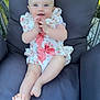 Maddison is registered to the contest to win money with this photo: baby, child, smiling, blue_eyes, pink_bow, headband, floral_outfit, cushioned_chair, outdoor, grass, happy, person, infant, cute, sitting, foot, hand, portrait, comfortable, sunlight
