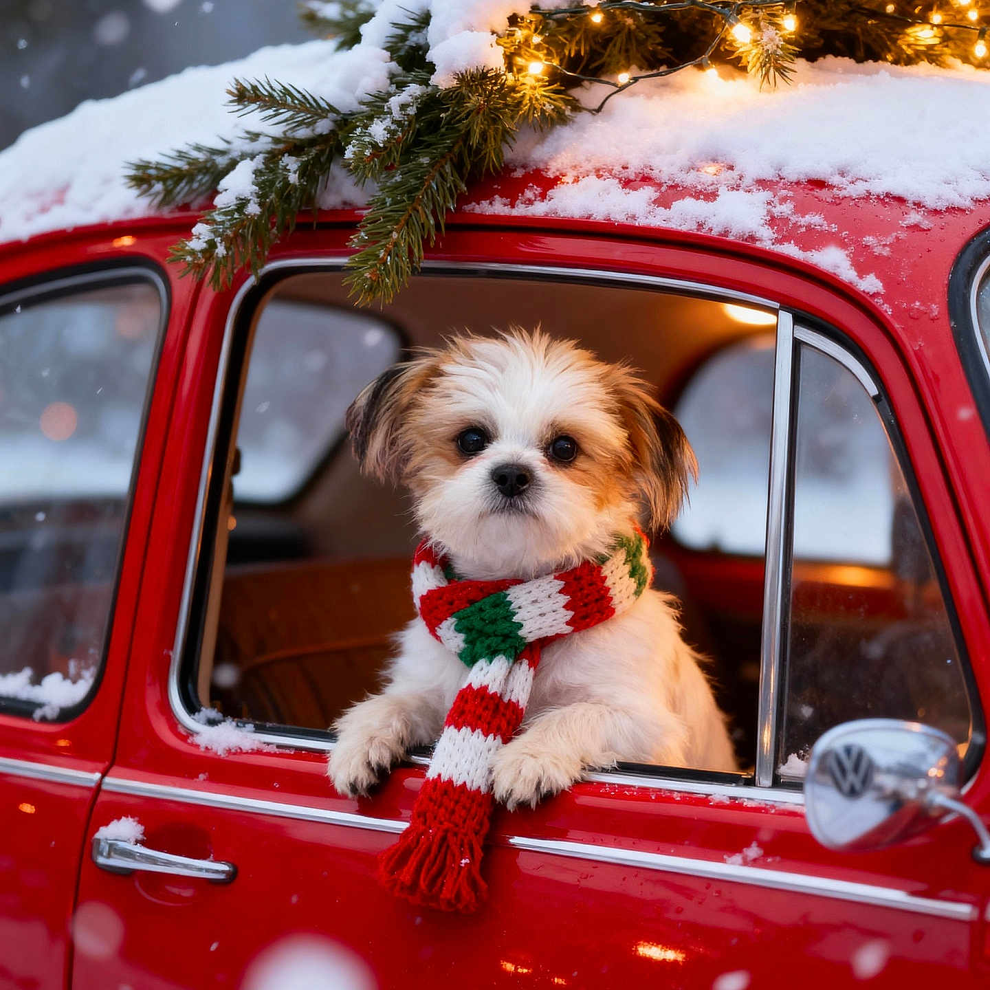 Finnigan Mulligan is registered to the contest to win money with this photo: animal, christmas, cold, cozy, cute, decorations, dog, festive, fur, holiday_lights, outdoor, pet, pine_branches, red_car, scarf, seasonal, snow, vintage_car, window, winter