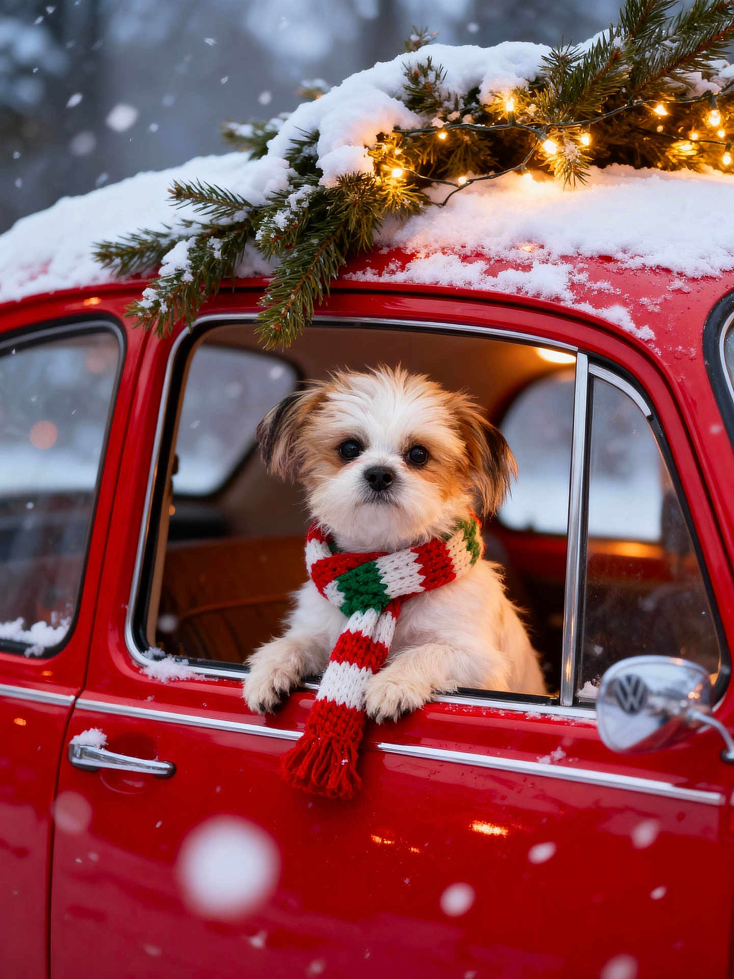 Finnigan Mulligan is registered to the contest to win money with this photo: animal, christmas, cold, cozy, cute, decorations, dog, festive, fur, holiday_lights, outdoor, pet, pine_branches, red_car, scarf, seasonal, snow, vintage_car, window, winter