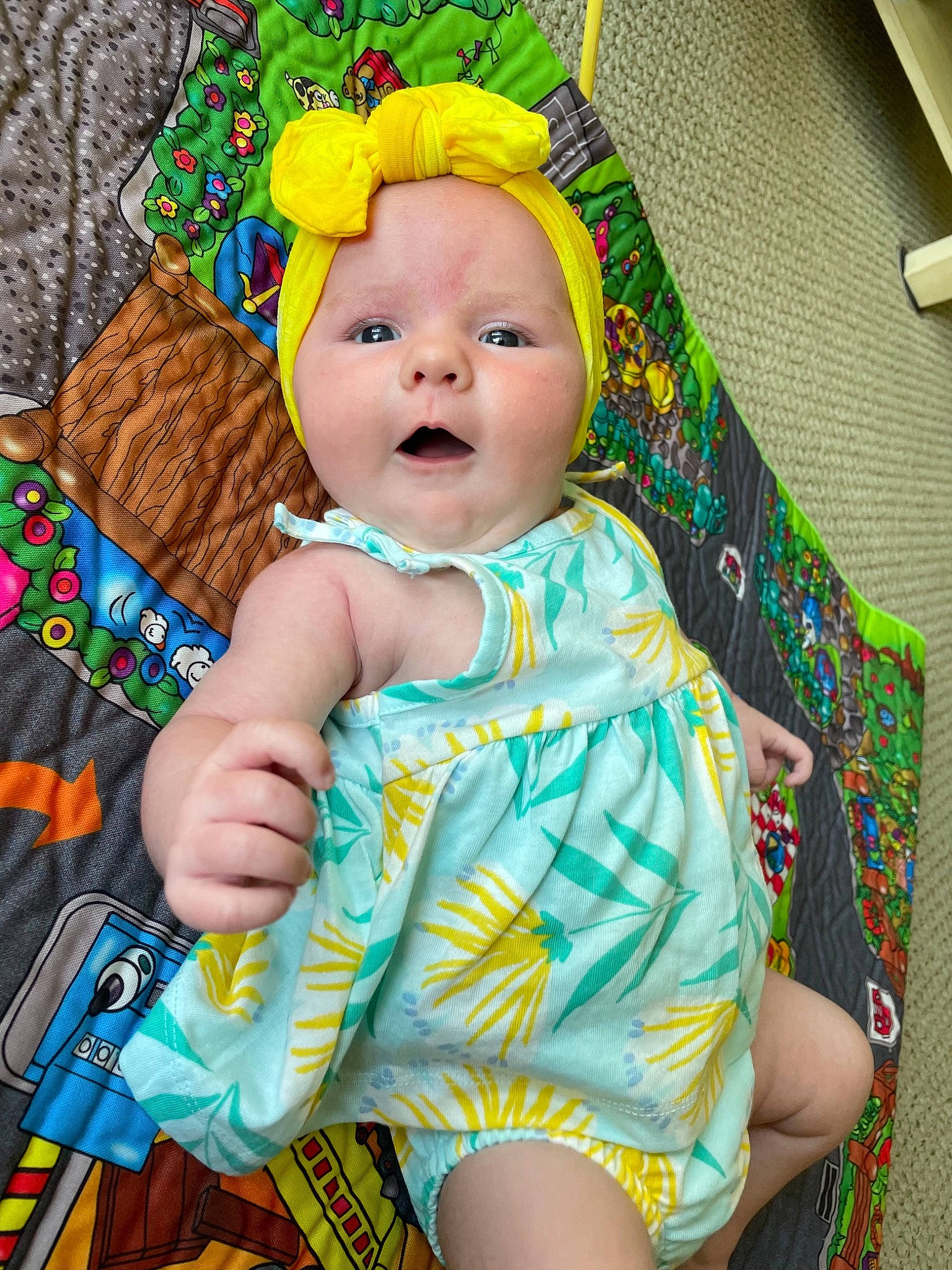 Gabby is registered to the contest to win money with this photo: baby, baby_carriage, baby_products, baby_toddler_clothing, cheek, child, costume_hat, event, fashion_accessory, fun, happy, headwear, iris, organ, pattern, person, play, sitting, skin, smile