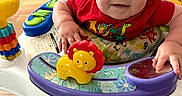Kamden joined the competition — help win amazing prizes! baby, child, infant, red_shirt, hat, baby_walker, toy, yellow_lion, floor, wooden_floor, blue_couch, living_room, person, face, smiling, play, indoor, furniture, hand, cute