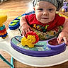 baby, baby_walker, blue_couch, child, cute, face, floor, furniture, hand, hat, indoor, infant, living_room, person, play, red_shirt, smiling, toy, wooden_floor, yellow_lion