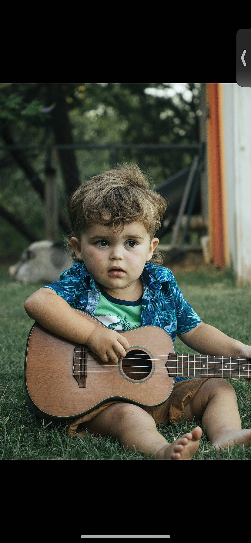 Ezekiel is registered to the contest to win money with this photo: face, facial_expression, fun, grass, guitar, guitar_accessory, guitarist, hairstyle, happy, leaf, leg, musical_instrument, people_in_nature, person, plant, plucked_string_instruments, string_instrument, toddler, tree, wood