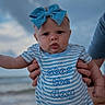 Eleanor is registered to the contest to win money with this photo: baby, child, blue_bow, striped_onesie, text_on_clothing, beach, ocean, cloudy_sky, person, infant, cute, portrait, holding_hands, summer, outdoor, water, waves, expression, headwear, casual_clothing