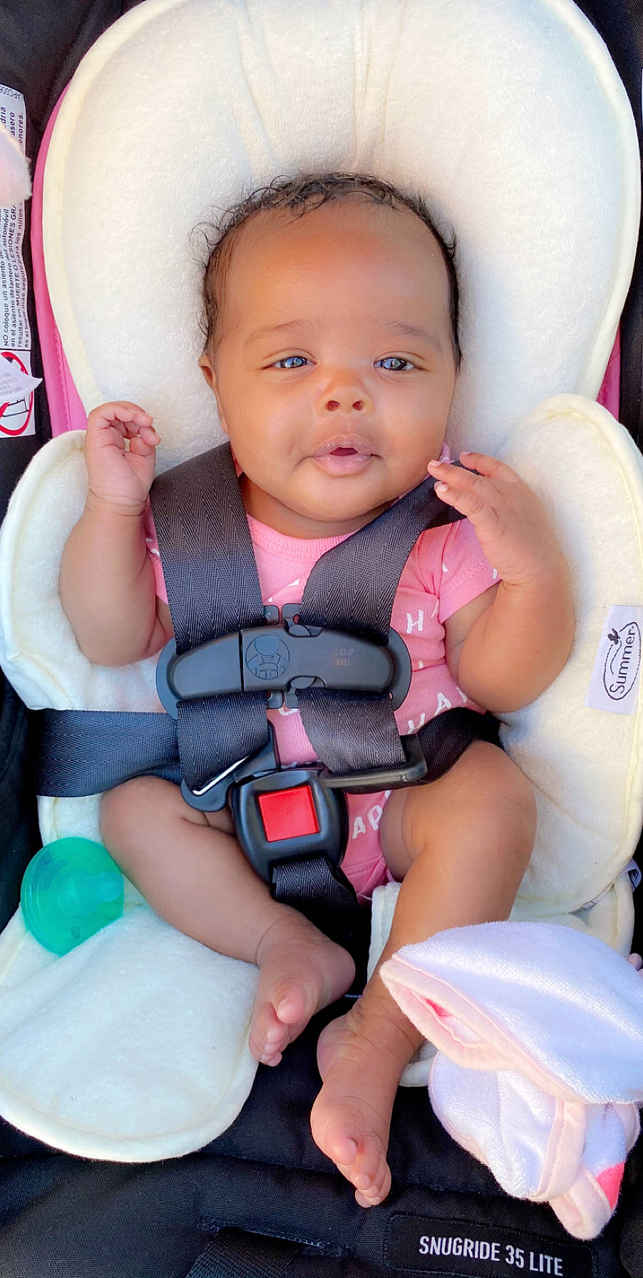 Zarina joined the competition — help win amazing prizes! baby, baby_carriage, baby_in_car_seat, baby_products, car_seat, cheek, child, person, pink, product, toddler