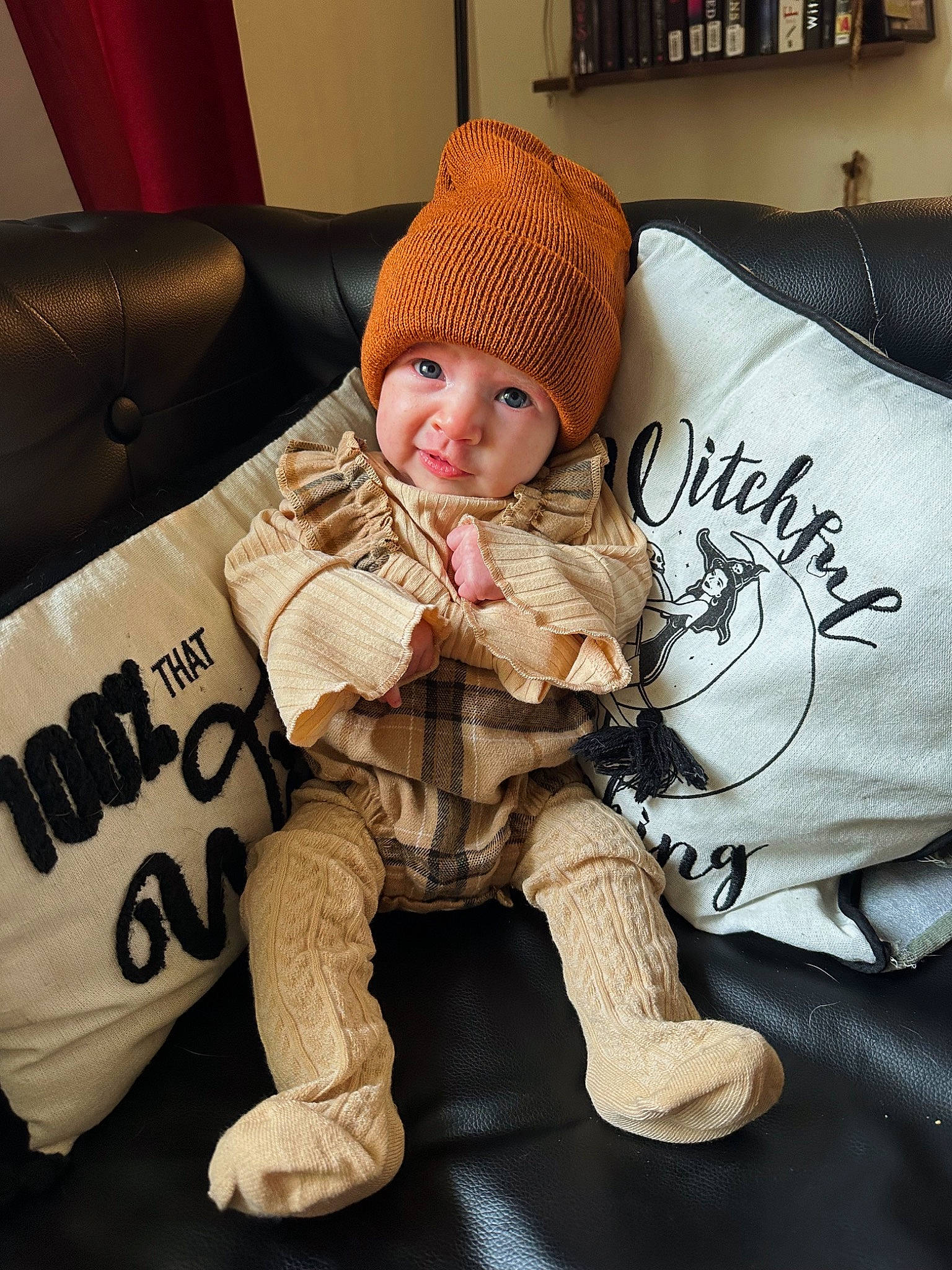 October is registered to the contest to win money with this photo: baby, baby_sleeping, baby_toddler_clothing, beanie, bedding, cap, child, comfort, fur, happy, headgear, headwear, knit_cap, linens, person, sitting, sleeve, smile, throw_pillow, thumb