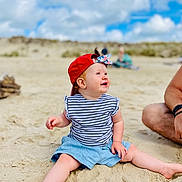 Thessa participe au concours pour gagner de l'argent avec cette photo : baby, child, beach, sand, sky, clouds, red_cap, striped_shirt, blue_shorts, barefoot, smiling, sitting, person, adult_arm, outdoor, sunny, nature, happy, summer, casual