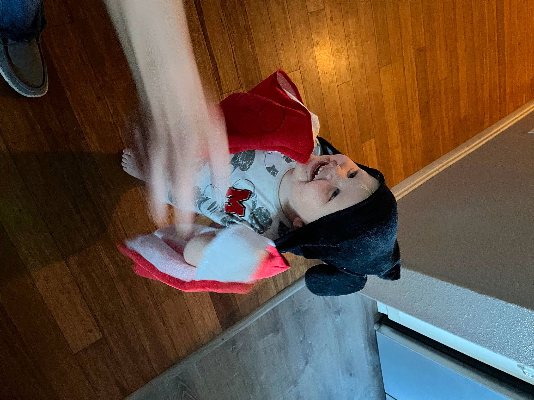 Nash joined the competition — help win amazing prizes! carmine, child, costume, flooring, foot, fun, hardwood, headwear, human_leg, knee, leisure, person, room, sitting, sock, stairs, thigh, toddler, wood, wood_flooring