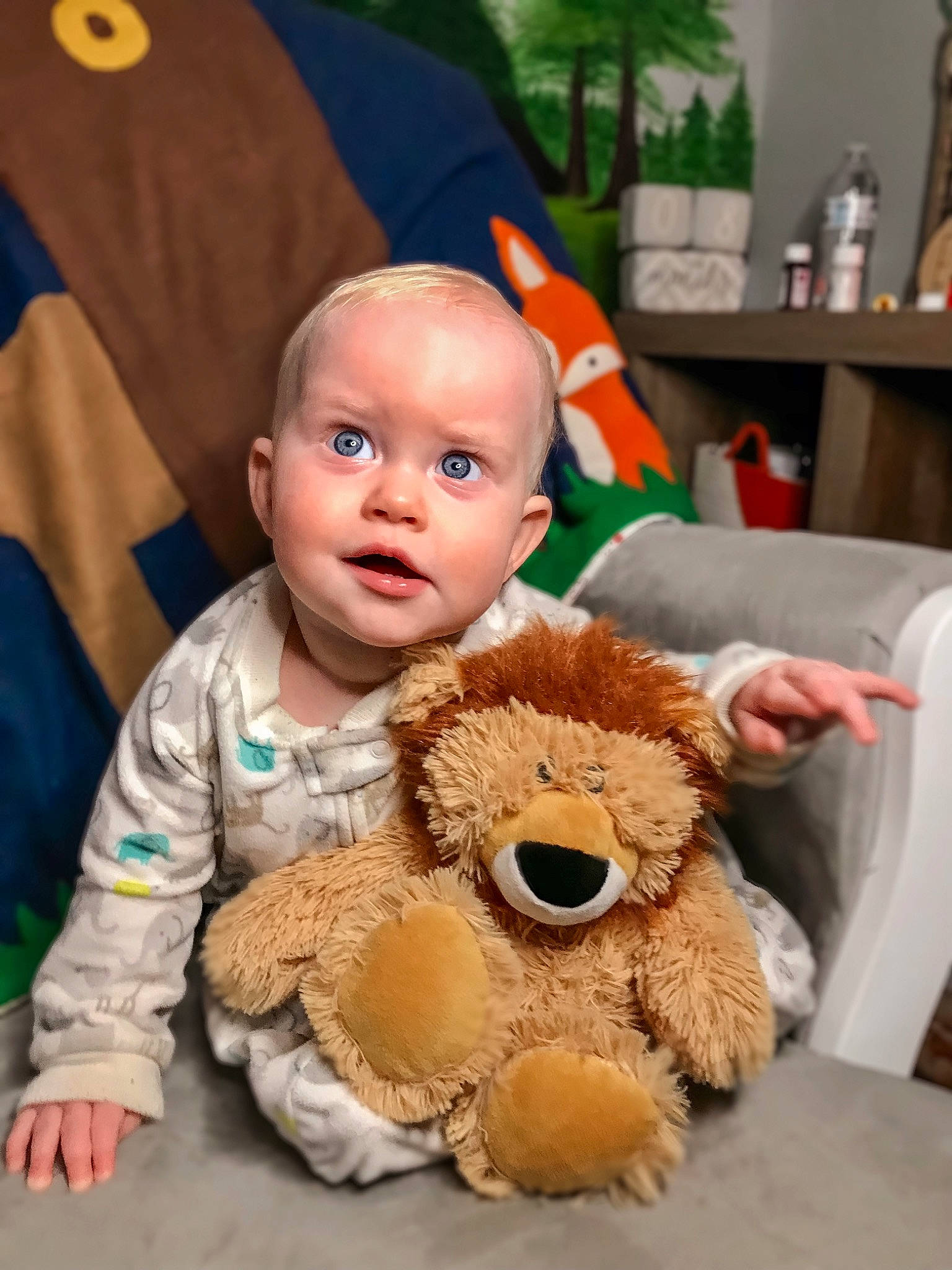 Enzo joined the competition — help win amazing prizes! baby, baby_toddler_clothing, cheek, child, eye, fun, fur, happy, head, houseplant, orange, person, plant, plush, room, skin, stuffed_toy, surprise, teddy_bear, toddler