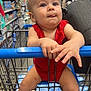 baby, shopping_cart, grocery_store, aisle, red_clothing, child, infant, hand, legs, face, tongue, blue_handle, products, shelves, floor, person, curious, cute, indoors, shopping