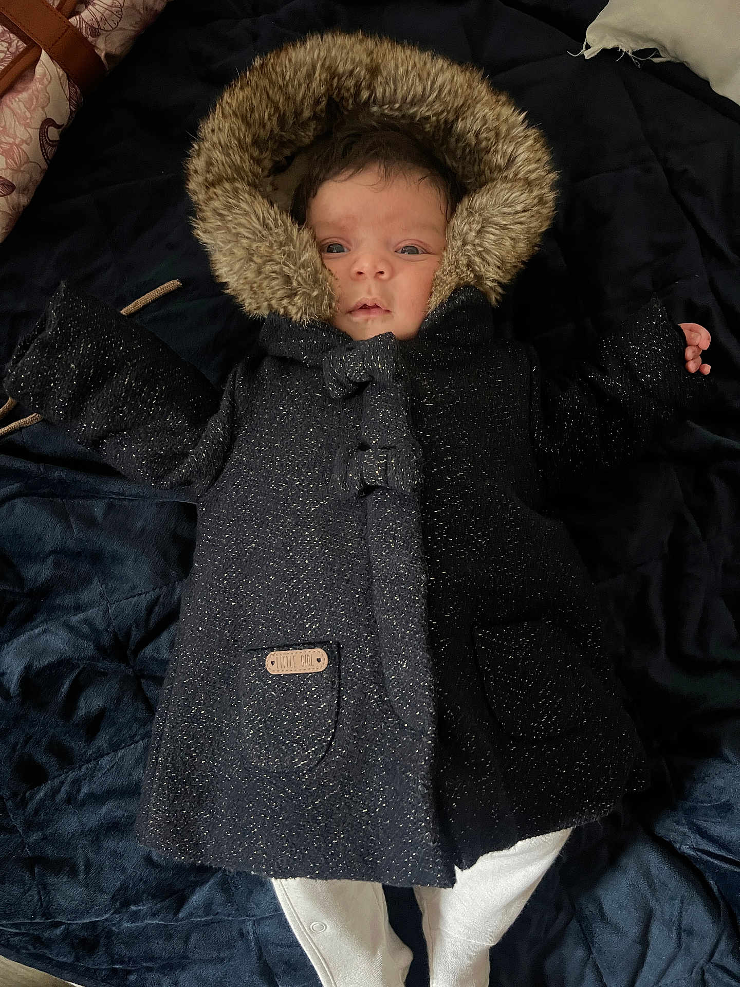 Ilef participe au concours pour gagner de l'argent avec cette photo : baby, infant, coat, hood, fur, black_coat, blanket, white_pants, lying_down, indoor, face, person, cute, warm_clothing, child, newborn, sleepwear, portrait, baby_clothes, soft
