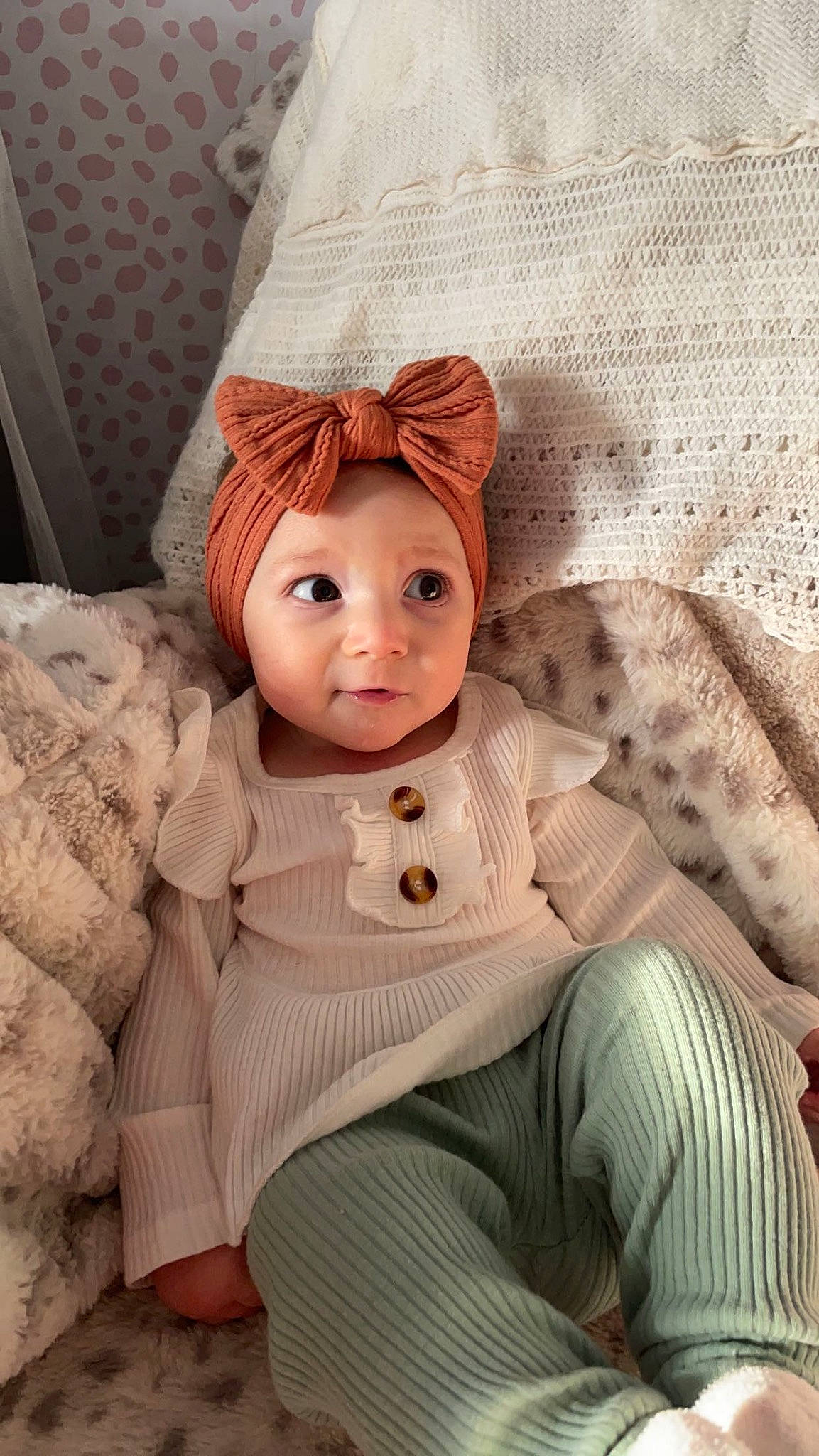 Rosalie joined the competition — help win amazing prizes! art, cap, cheek, child, costume_hat, doll, eye, eyelash, fashion_accessory, fawn, figurine, fur, headwear, knit_cap, peach, person, sitting, sleeve, toy, vintage_clothing