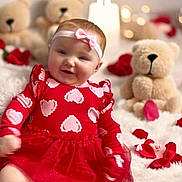 Kiana joined the competition — help win amazing prizes! baby, infant, smile, headband, bow, red_dress, hearts, teddy_bear, plush_toy, rose_petals, blanket, bokeh, portrait, cute, sitting, indoor, soft_toys, pink, cozy, holiday