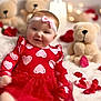 baby, infant, smile, headband, bow, red_dress, hearts, teddy_bear, plush_toy, rose_petals, blanket, bokeh, portrait, cute, sitting, indoor, soft_toys, pink, cozy, holiday