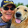 Siri is registered to the contest to win money with this photo: man, dog, golden_retriever, smiling, outdoor, cap, sunglasses, happy, tongue_out, portrait, pet, friendship, nature, greenery, closeup, face, canine, adult, camouflage_jacket, retired