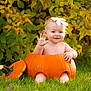 baby, pumpkin, grass, flower_headband, autumn, leaves, child, cute, smiling, waving, outdoor, nature, seasonal, holiday, headband, sitting, orange, green, playful, portrait