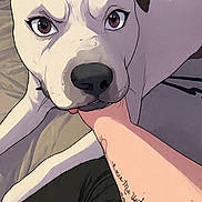 Drake joined the competition — help win amazing prizes! animal, animated_style, arm, bed, blanket, cartoon, cute, digital_art, dog, expressive_eyes, floor, funny, hand, illustration, indoor, pet, portrait, stylized, tattoo, white_dog