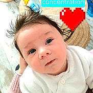 Adonis a rejoint le concours — aidez-le/la à gagner de superbes lots ! baby, child, face, hair, white_clothing, person, hand, floor, water_bottle, table, rug, pixelated_heart, text_overlay, indoor, curious_expression, cozy, sitting, holding, skin, blue_eyes