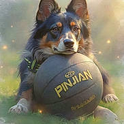 Ozzie joined the competition — help win amazing prizes! animal, basketball, black, brown, calm, closeup, cute, daylight, dog, ears, fur, grass, nature, outdoor, paws, pet, portrait, relaxed, tan, toy