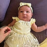 baby, child, infant, dress, yellow, headband, bow, couch, purple, hand, smile, cute, indoors, person, fashion, tulle, lace, portrait, happy, young