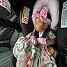 Miracle joined the competition — help win amazing prizes! baby, infant, car_seat, blanket, pink_bow, mittens, sleeping, child, safety_harness, car_interior, soft_lighting, cute, peaceful, headband, clothing, seat_belt, car, portrait, resting, toddler