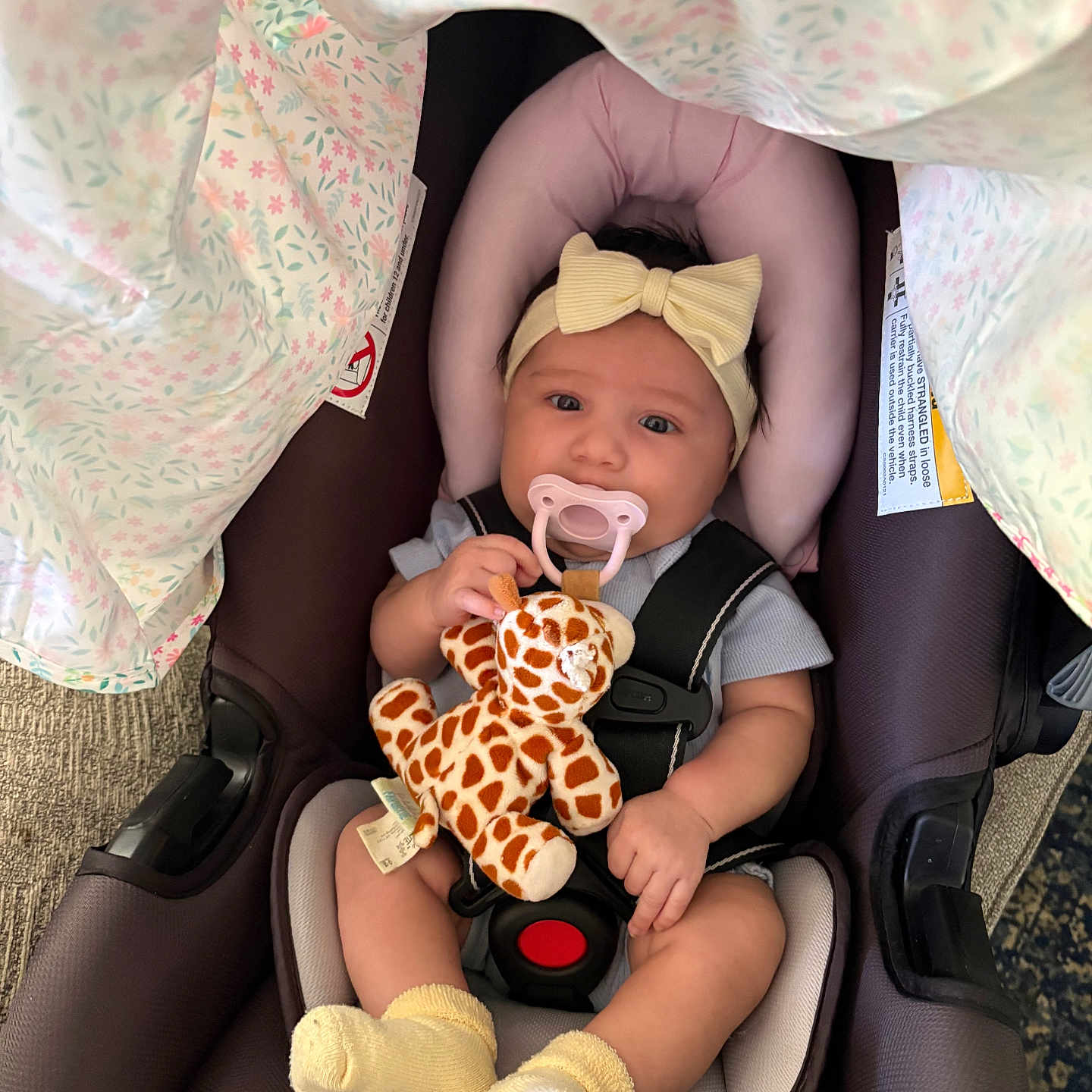 Miracle is registered to the contest to win money with this photo: baby, car_seat, pacifier, plush_toy, giraffe, headband, yellow_bow, socks, infant, child, cute, comfort, seatbelt, fabric, pattern, pink, blue, indoor, portrait, toy