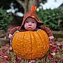 baby, pumpkin, fall, autumn, leaves, grass, outdoor, child, costume, hood, cute, seasonal, nature, orange, greenery, portrait, baby_face, expression, holiday, festive