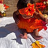 Isleya is registered to the contest to win money with this photo: baby, infant, child, autumn, fall, pumpkin, costume, orange, flower_crown, floral, outdoor, portrait, sitting, white_blanket, flowers, leaves, sunlight, shadow, seasonal, photography